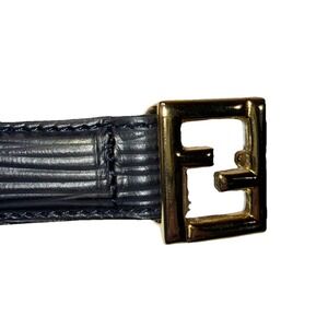 FENDI Vintage Black Leather Belt Gold Buckle Cintura Donna Vitello Grana Paglia